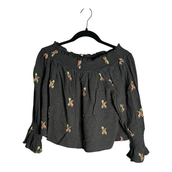 Altar’d State Black Off Shoulder Top With Embroidered Flowers Size Small - Picture 1 of 7